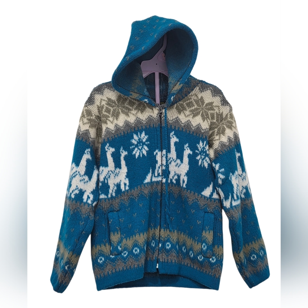 Wool Sweater Kids Blue Hooded with Llama Pattern Girls Boys Unisex Sz 8